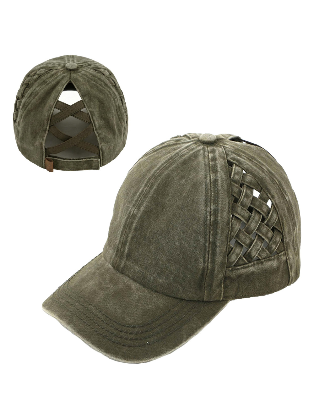 Criss Cross Ponytail Cap, Messy Bun | Basketweave, Dark Olive | Size OS